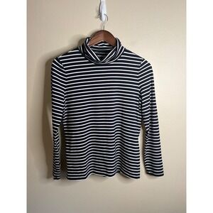 Talbots Tee Womens Turtleneck PS Petite Navy Blue White Striped Top Cotton